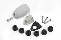 Exploded view of grey cable seal parts including shell, base, gasket and bungs