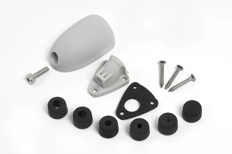 Exploded view of grey cable seal parts including shell, base, gasket and bungs