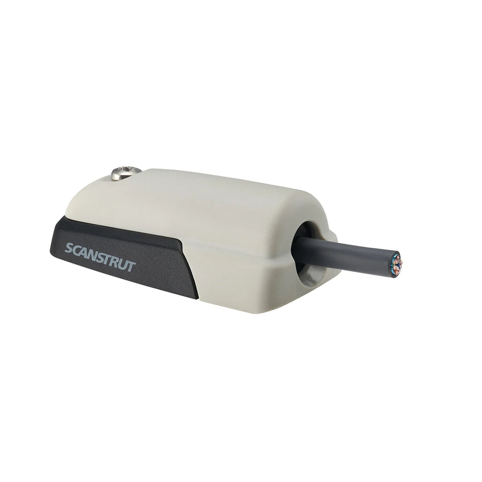 Grey horizontal cable seal with black base and exiting dark grey cable