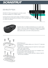 Product feature summary for the DS-MULTI-P-BLK cable seal highlighting IP68 rating