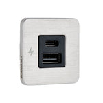 Angled view of square brushed stainless steel USB-A and USB-C charging socket