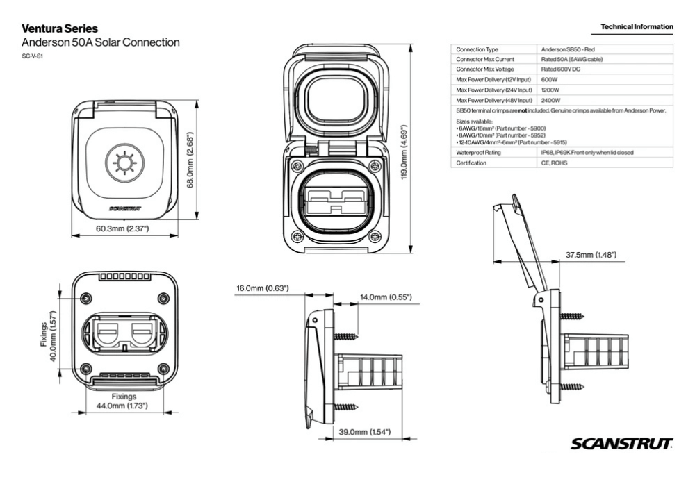 Dimensional drawing showing width, height and depth of the 50A solar socket