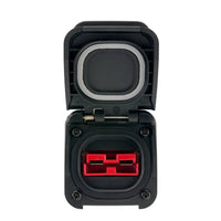 Front view of open Ventura series solar socket revealing red Anderson connection