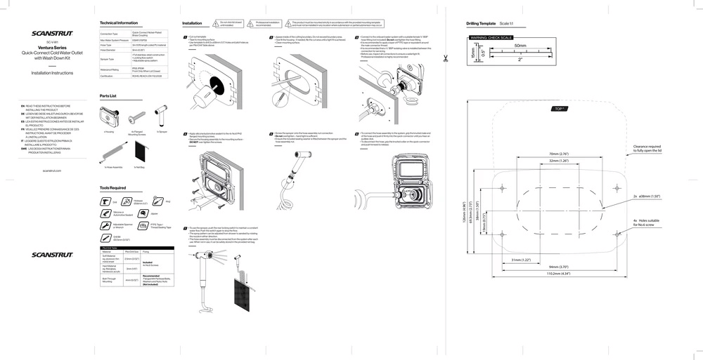 Installation instructions and drilling template for Ventura water outlet