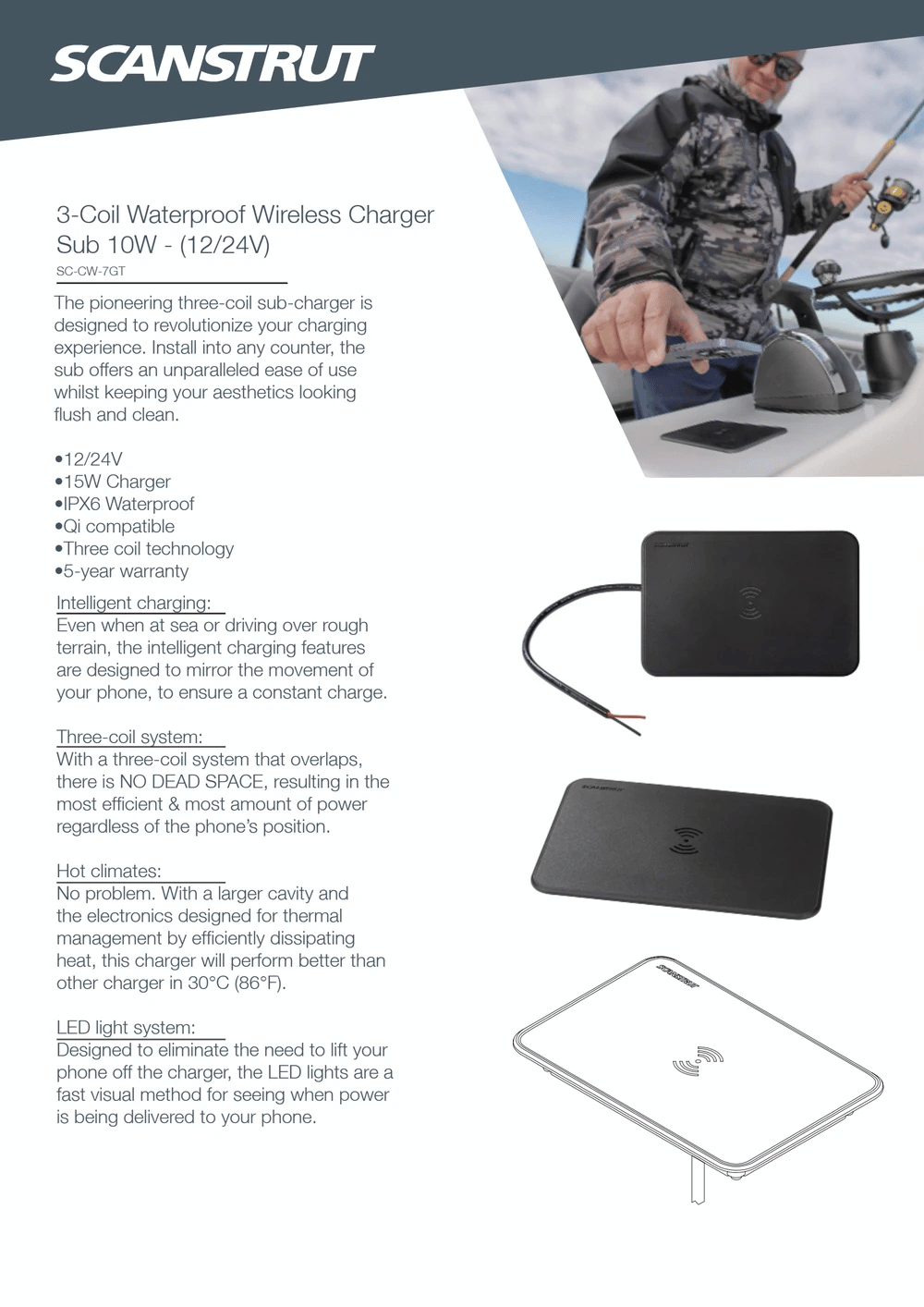 Feature sheet for Scanstrut 15W Sub waterproof wireless charger detailing technical specs