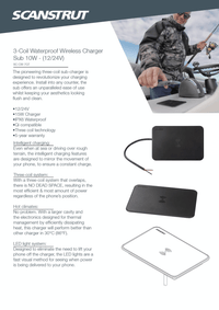 Feature sheet for Scanstrut 15W Sub waterproof wireless charger detailing technical specs