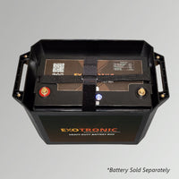 Overhead view of lithium battery secured inside a heavy-duty battery box