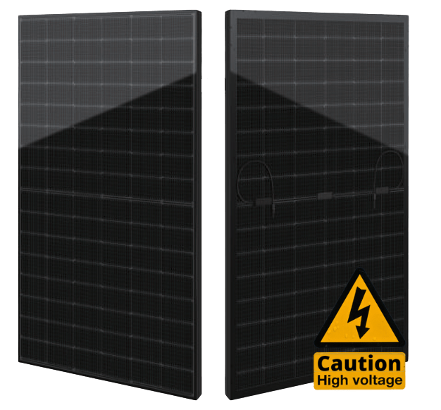 Front and back views of Seraphim 475W bifacial solar panel showing cells and junction boxes
