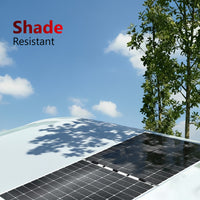 Sunman flexible solar panel installed on a caravan roof under partial tree shade