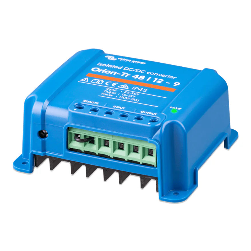 Side perspective view of Victron 48V to 12V converter highlighting the blue housing and mounting tabs