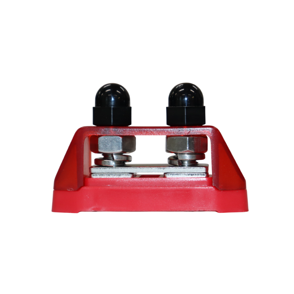 Side profile of red busbar showing stainless steel connection hardware