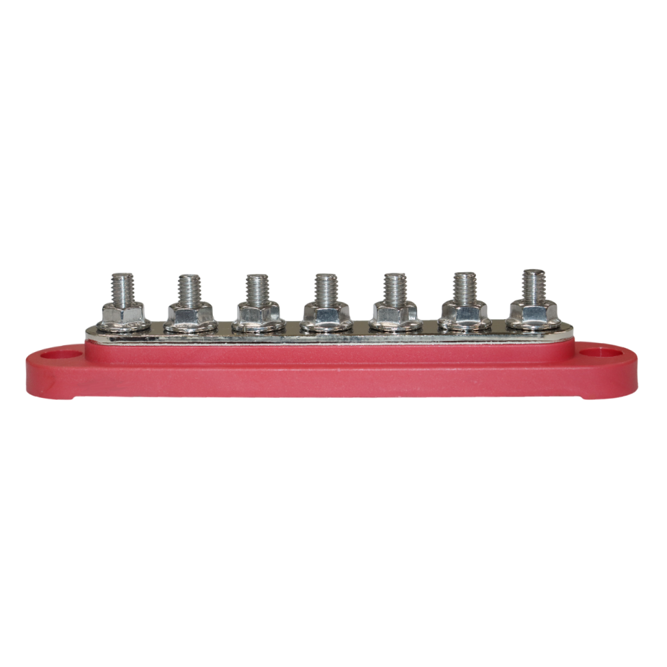 Side profile of red busbar showing stud height and robust base construction