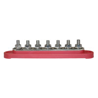 Side profile of red busbar showing stud height and robust base construction