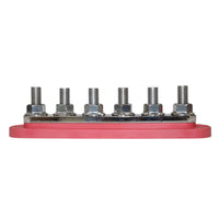 Side profile of busbar showing height of threaded M10 studs and reinforced red base