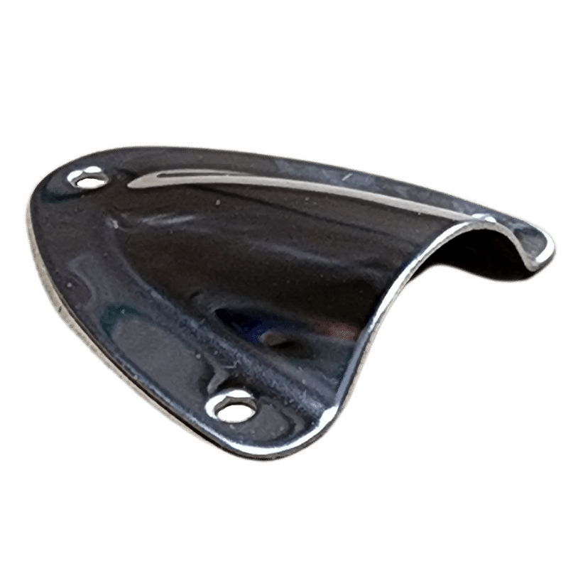 Side profile of metal cable entry cover showing raised opening for wiring