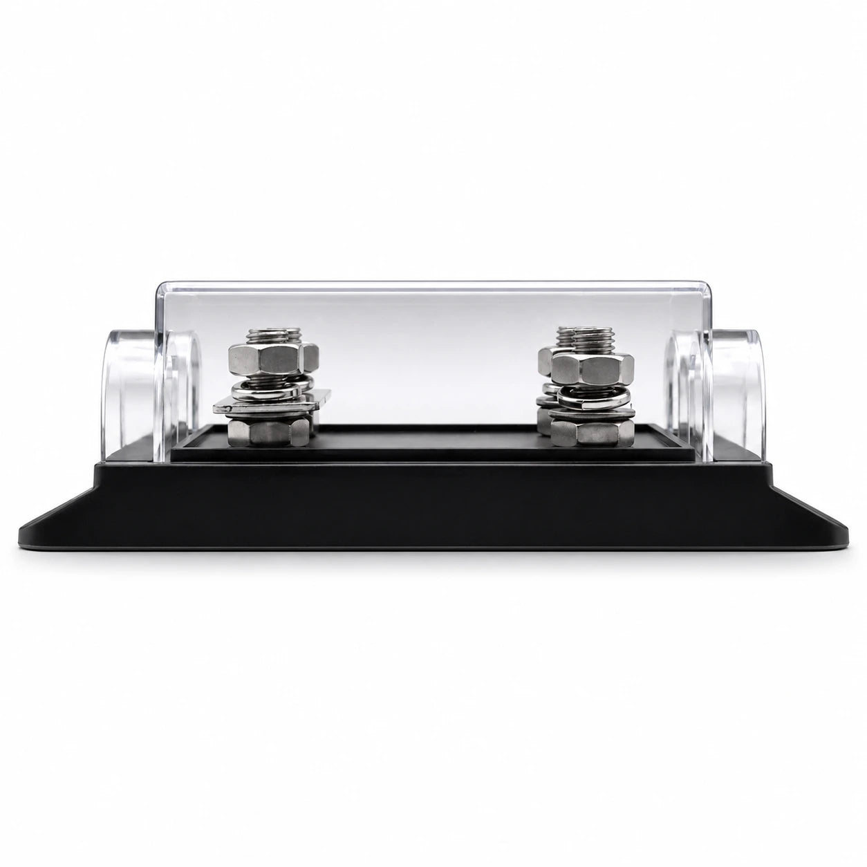 Front profile view of the dual ANL fuse holder showing the clear cover and side entry points
