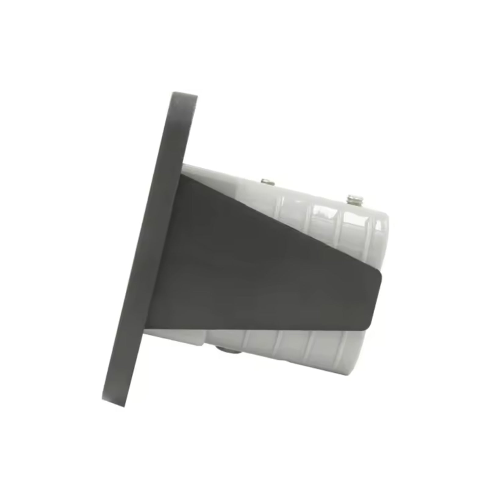 Side profile of black flush mount panel housing displaying mounting depth and bracket structure