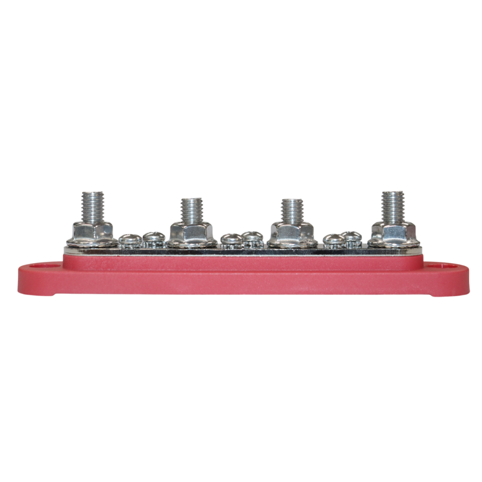 Side profile of red busbar showing the height of the four threaded studs and base thickness