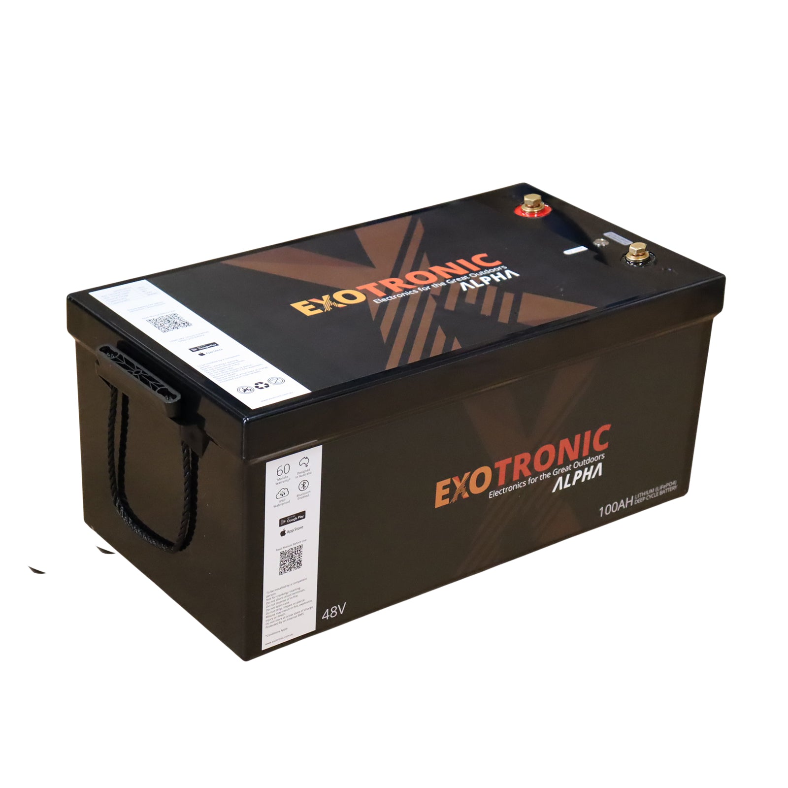 Side view of Exotronic Alpha battery highlighting the specification label and robust build