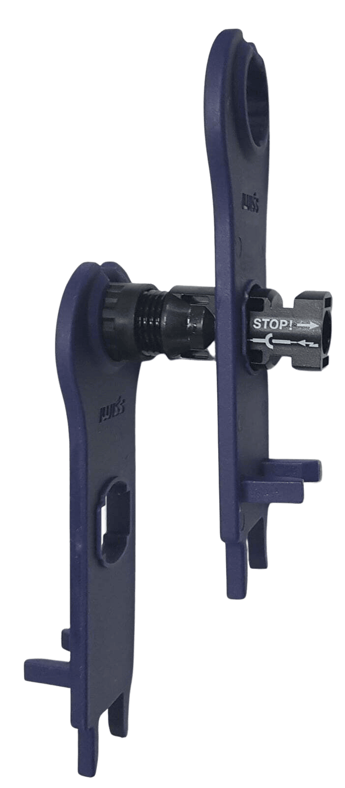 Side view of spanner tool holding a connector body while tightening the nut