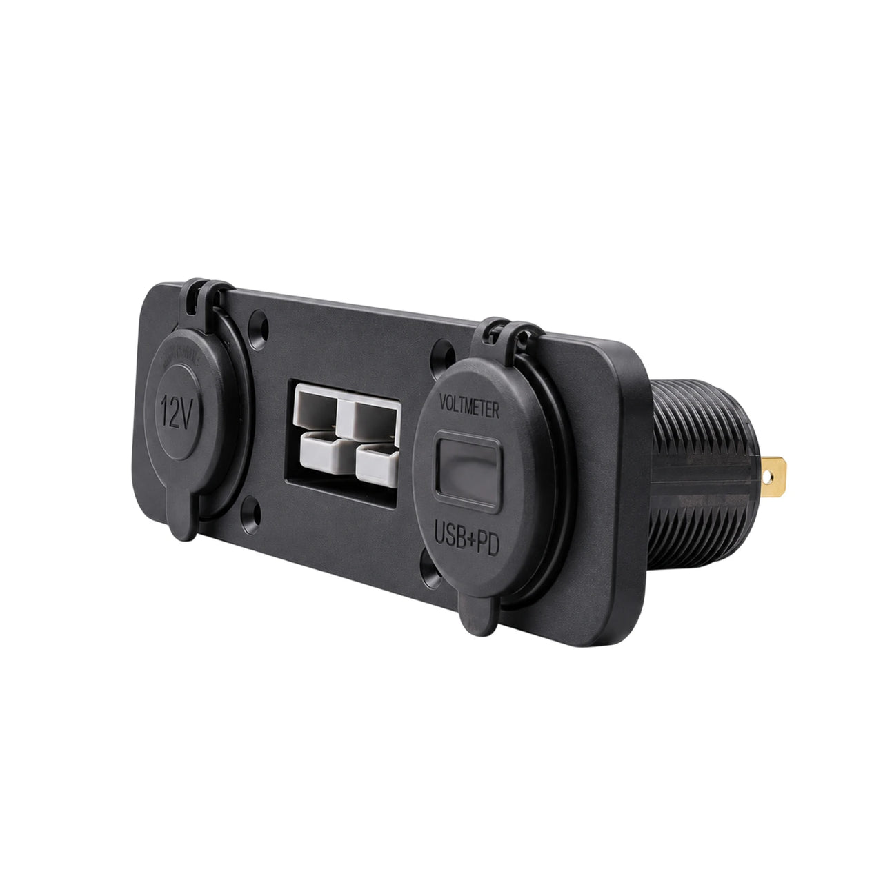 Side perspective of flush mount socket panel showing housing depth and rear electrical terminals