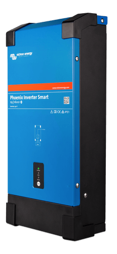 Side perspective of the Victron Phoenix Smart Inverter 12/1600 showing steel enclosure