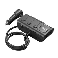 Side view displaying three USB-A ports and top-mounted power buttons on black housing