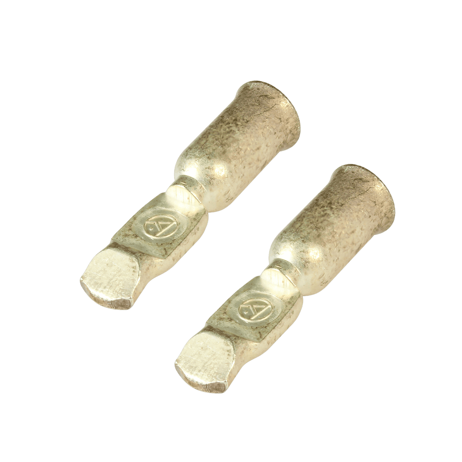 Close-up of two silver-plated 6AWG crimp contacts with stamped Anderson logo