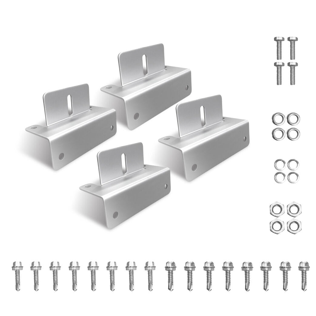 Set of four silver aluminium Z-brackets with stainless steel bolts, nuts, washers and sixteen tech screws