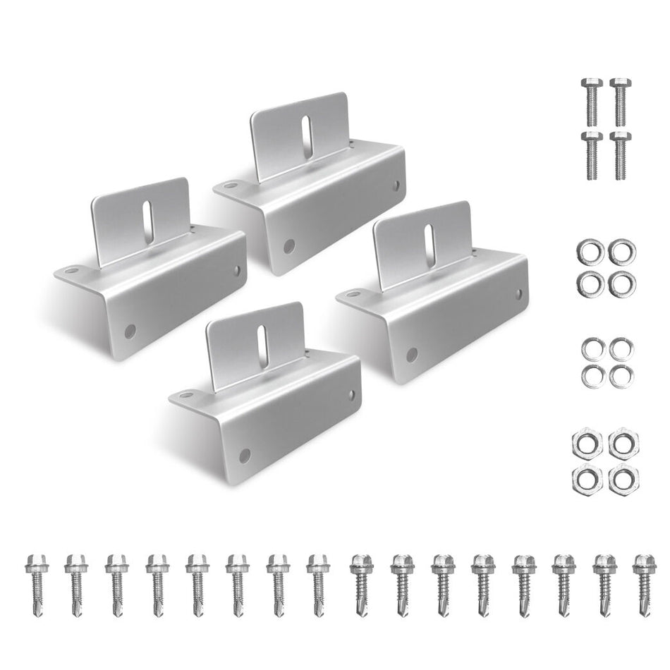 Set of four silver aluminium Z-brackets with stainless steel bolts, nuts, washers and sixteen tech screws