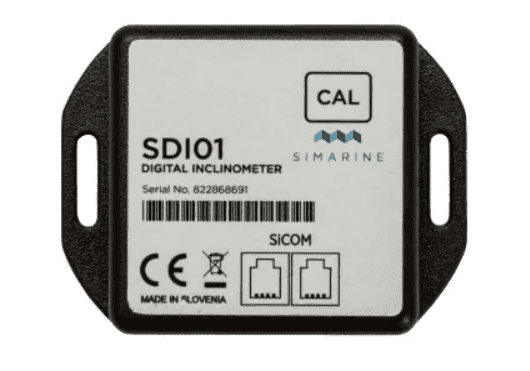 Simarine SDI01 digital inclinometer module showing mounting flanges and connection labels