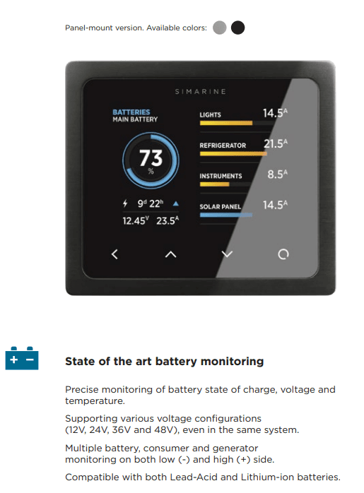 Digital screen interface showing battery state of charge, voltage, current and system list