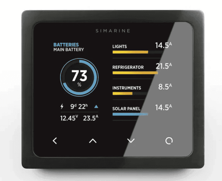 Simarine Pico black panel mount display showing battery percentage and appliance power usage
