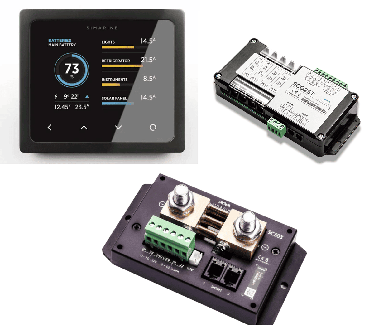 Simarine Pico display panel with SCQ25T quad shunt and SC303 battery shunt module