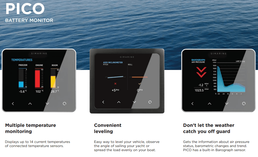 Simarine Pico display screens for temperature monitoring, inclinometer leveling, and barograph air pressure