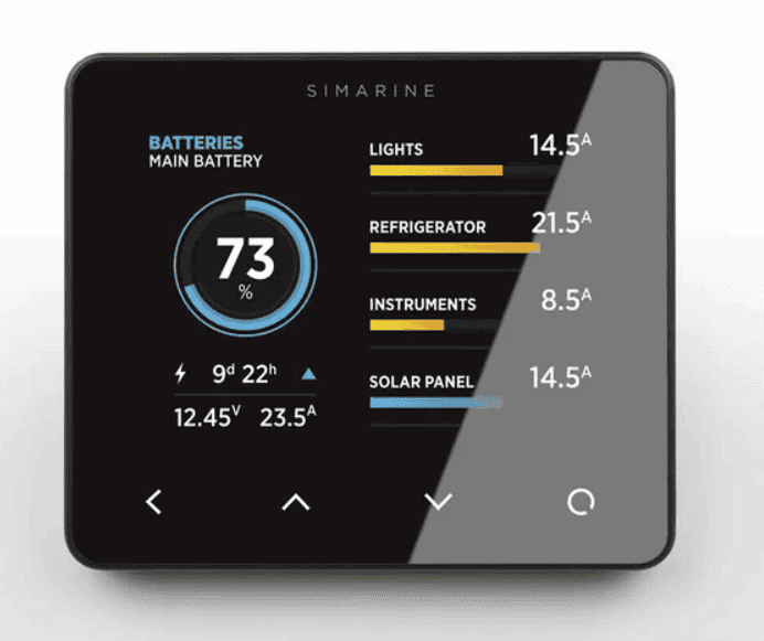 Front view of black surface mount Simarine Pico display showing battery state of charge and appliance power usage