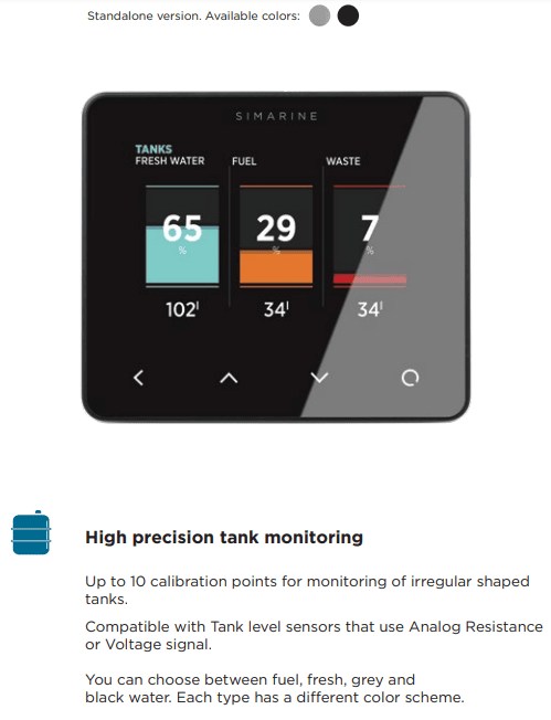 Interface screen showing water, fuel and waste tank levels with colour coded bars