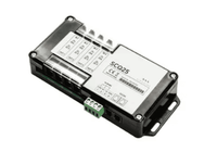 Isometric view of a Simarine SCQ25 quad shunt showing four 25A circuit inputs and communication ports