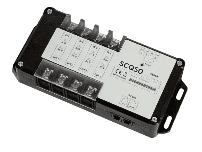 Simarine SCQ50 quad shunt module featuring four 50A inputs and an integrated 1A relay output