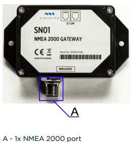 Technical view of a Simarine SN01 gateway showing mounting points and the NMEA 2000 connection port