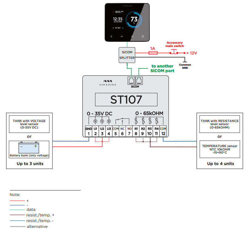 Technical wiring diagram for ST107 module showing voltage and resistance sensor connections