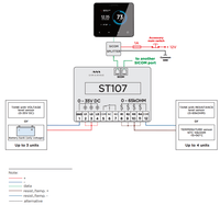 Technical wiring diagram for ST107 module showing voltage and resistance sensor connections