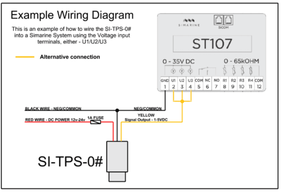 Wiring diagram connecting the pressure sensor to a Simarine ST107 voltage input