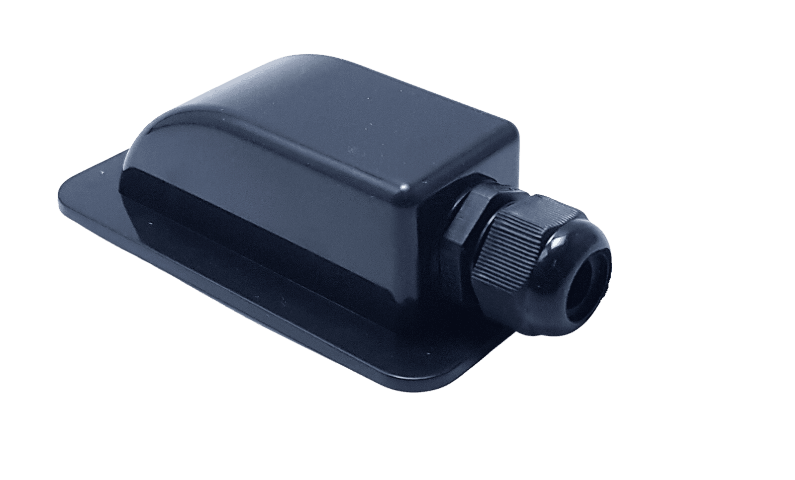 Angled view of black ABS single cable entry housing showing curved aerodynamic shape and cable gland