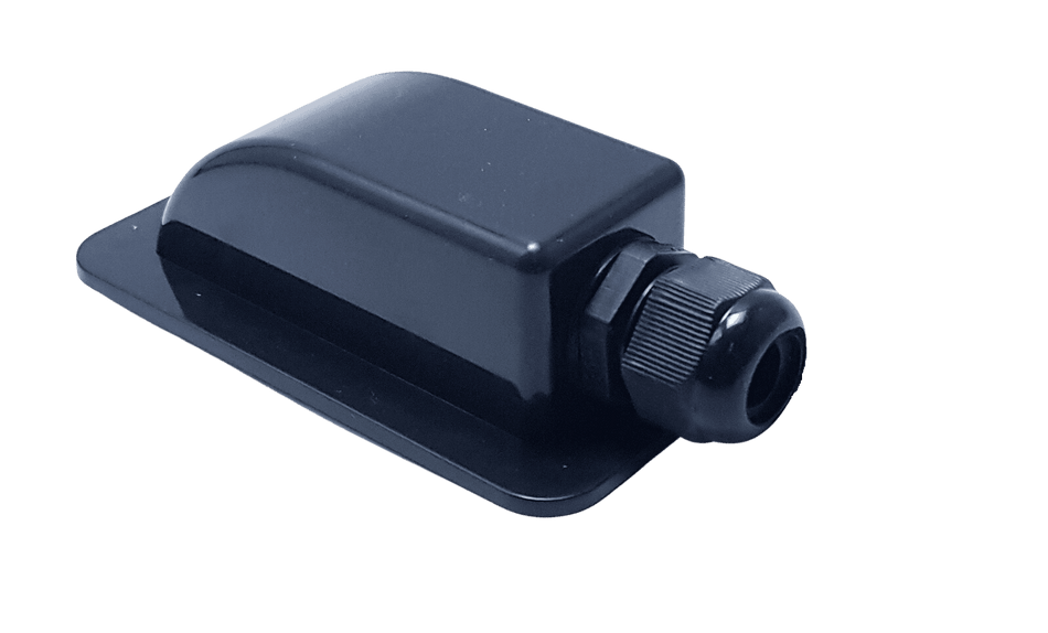 Angled view of black ABS single cable entry housing showing curved aerodynamic shape and cable gland