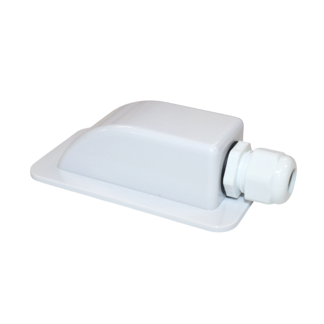 Angled view of white single cable entry cover showing gland and mounting flange