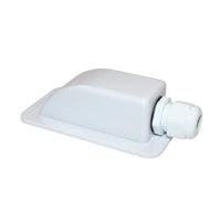 Angled view of white single cable entry cover showing gland and mounting flange