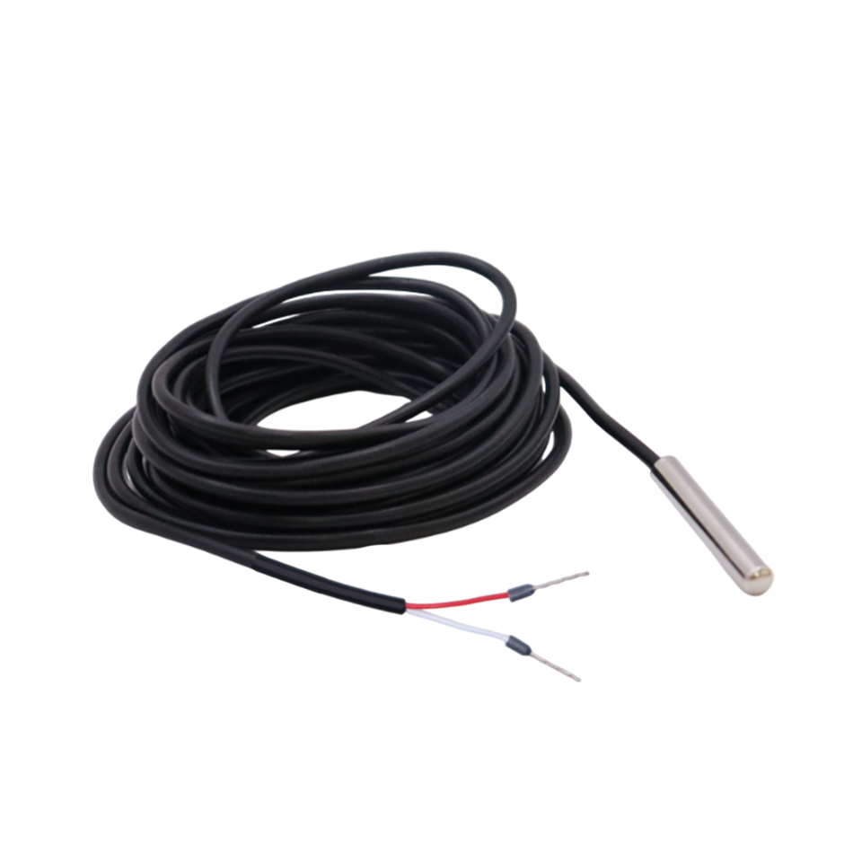Single coiled temperature sensor with stainless steel probe and terminated wire ends