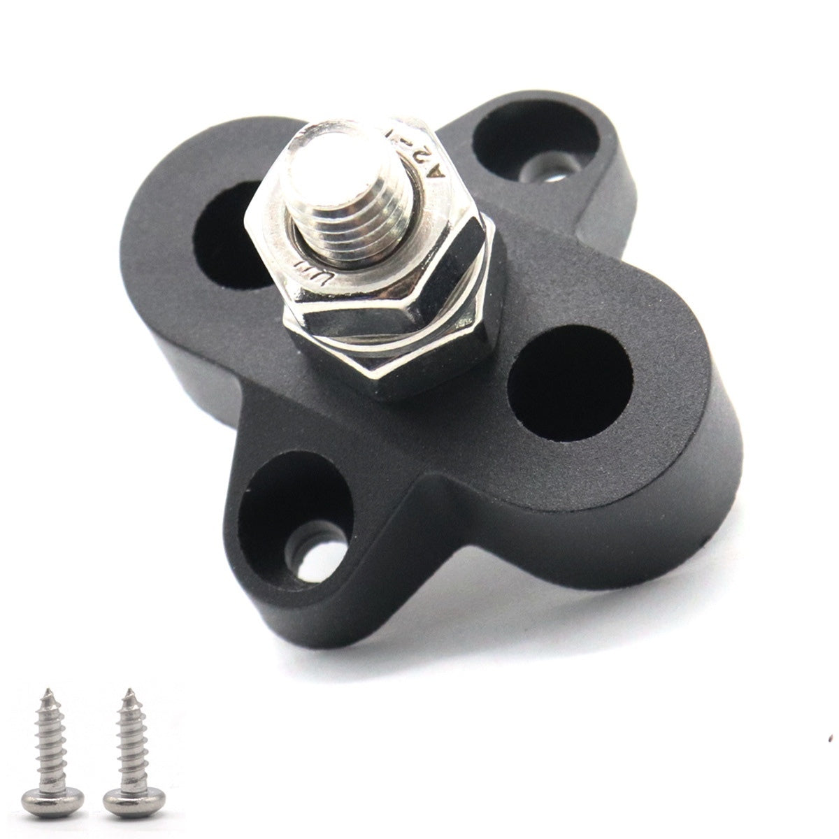 Angled view of M8 terminal stud with black reinforced base and stainless hardware