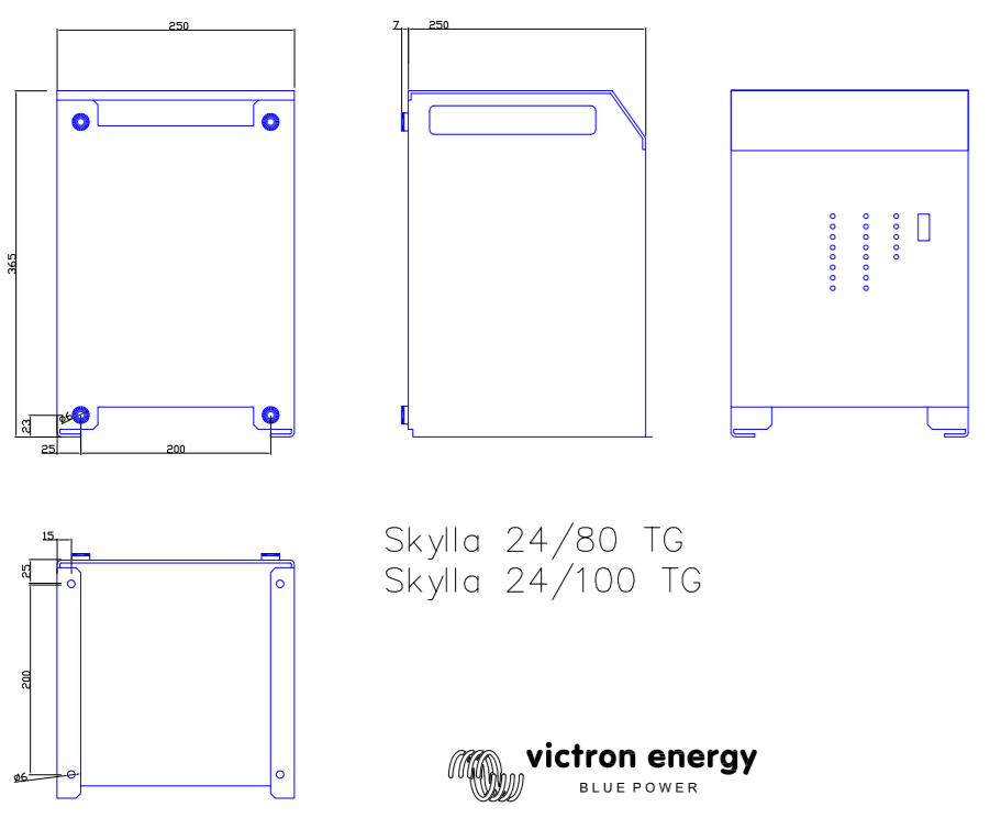 Technical dimensional drawing of Victron Skylla-TG battery charger showing front, side, and bottom views